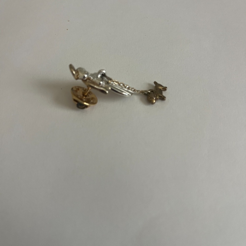 Vintage Two Tone Angel with Dangling‎ Dog Charm Lapel Pin Mixed Metal 1 1/2" - Picture 2 of 7